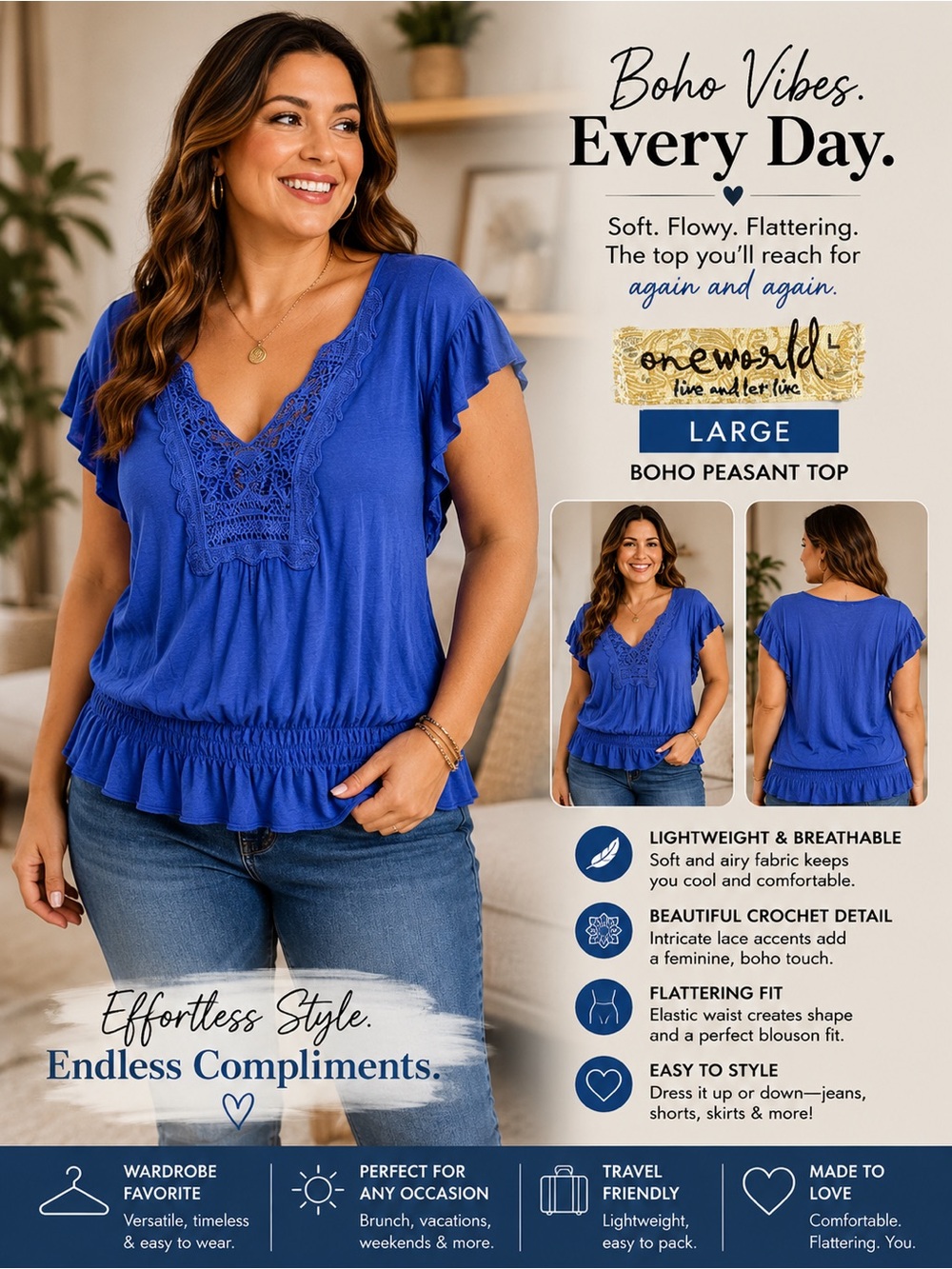 ONE WORLD Royal Blue Boho Peasant Top
